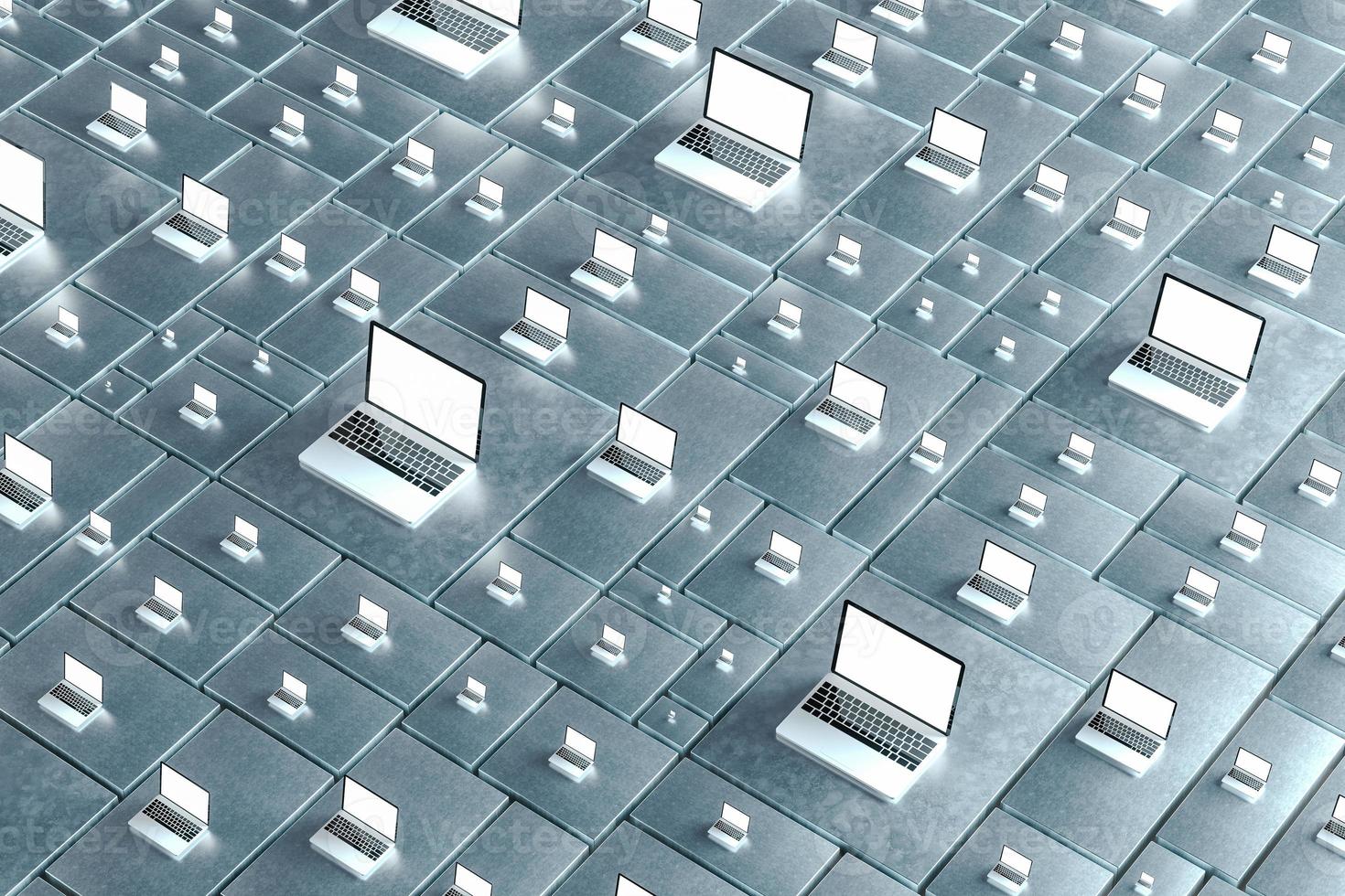 Set of many open laptops with white screens. 3d render photo
