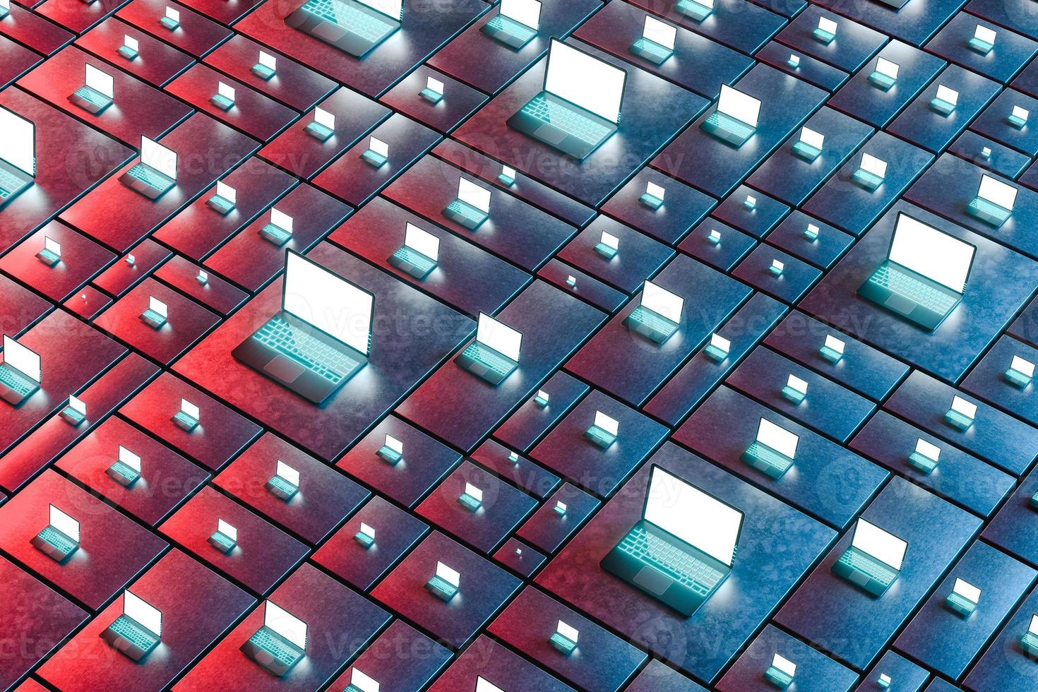 3D illustration. Set of many open laptops with shiny screens photo