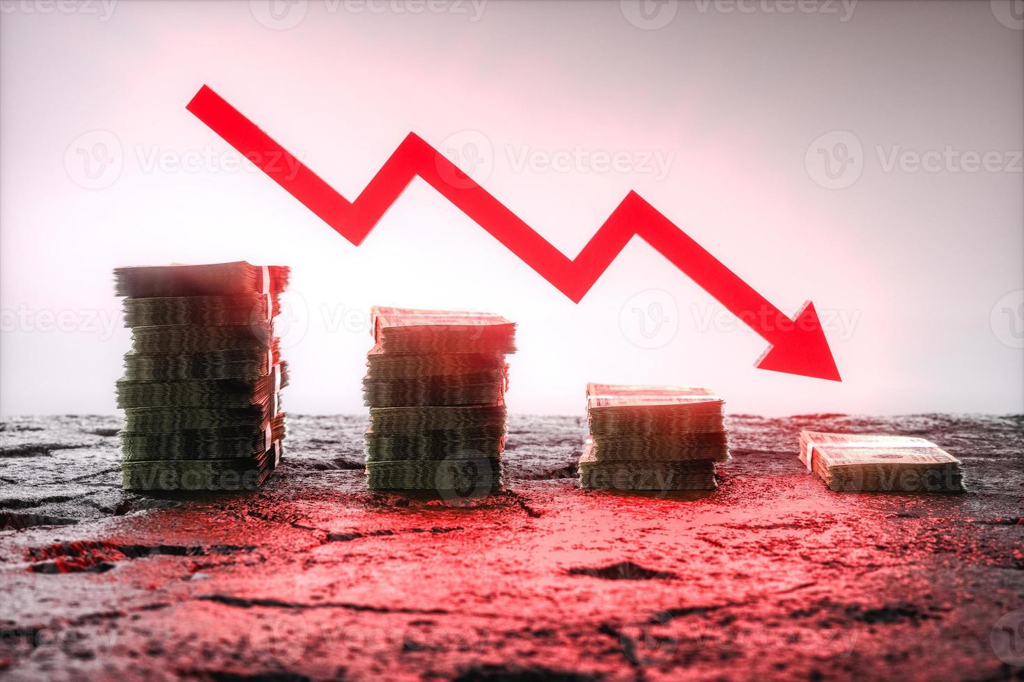 Dollar bills with down arrow, financial crisis. 3d render photo