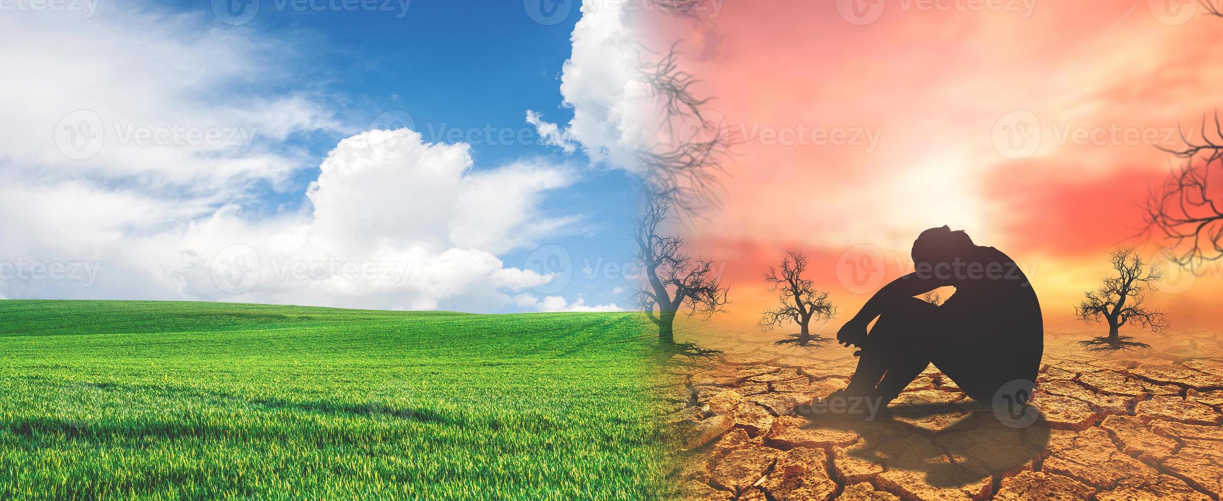 concept of environmental conservation and global climate change. Picture comparing arid areas with green areas. photo