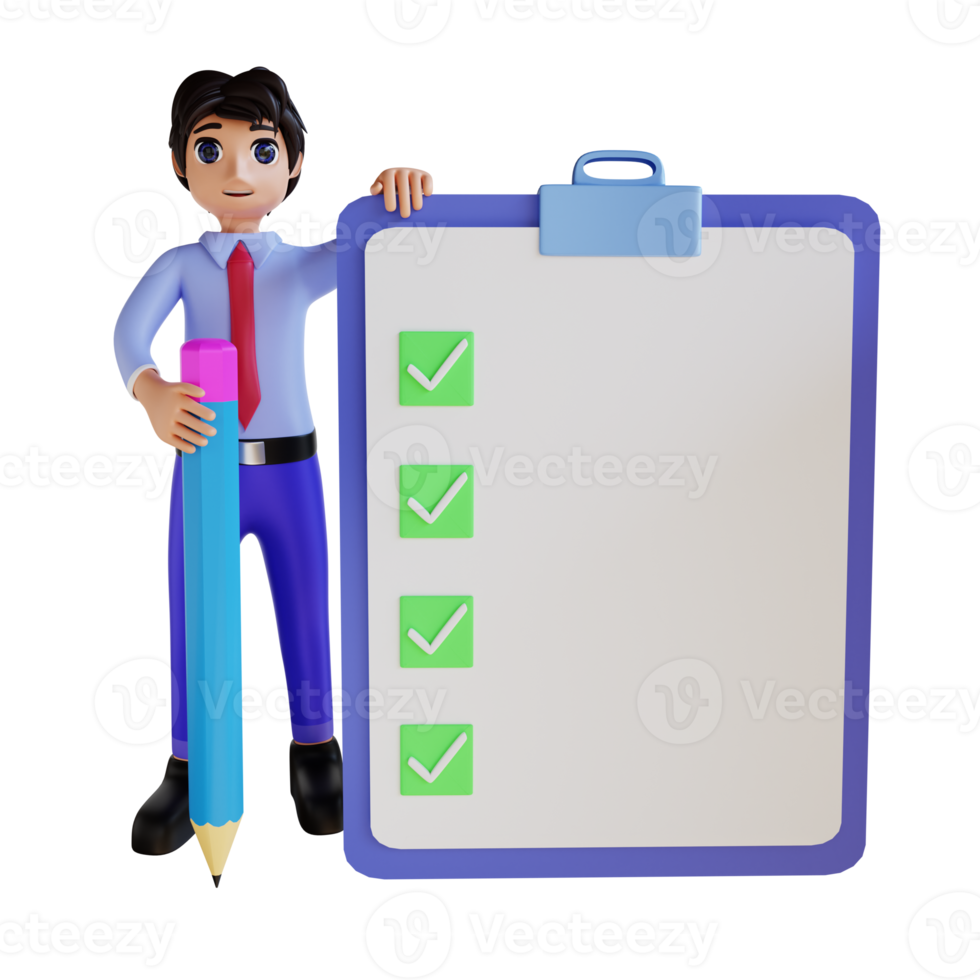 personaje 3d que lleva una lista de verificación png