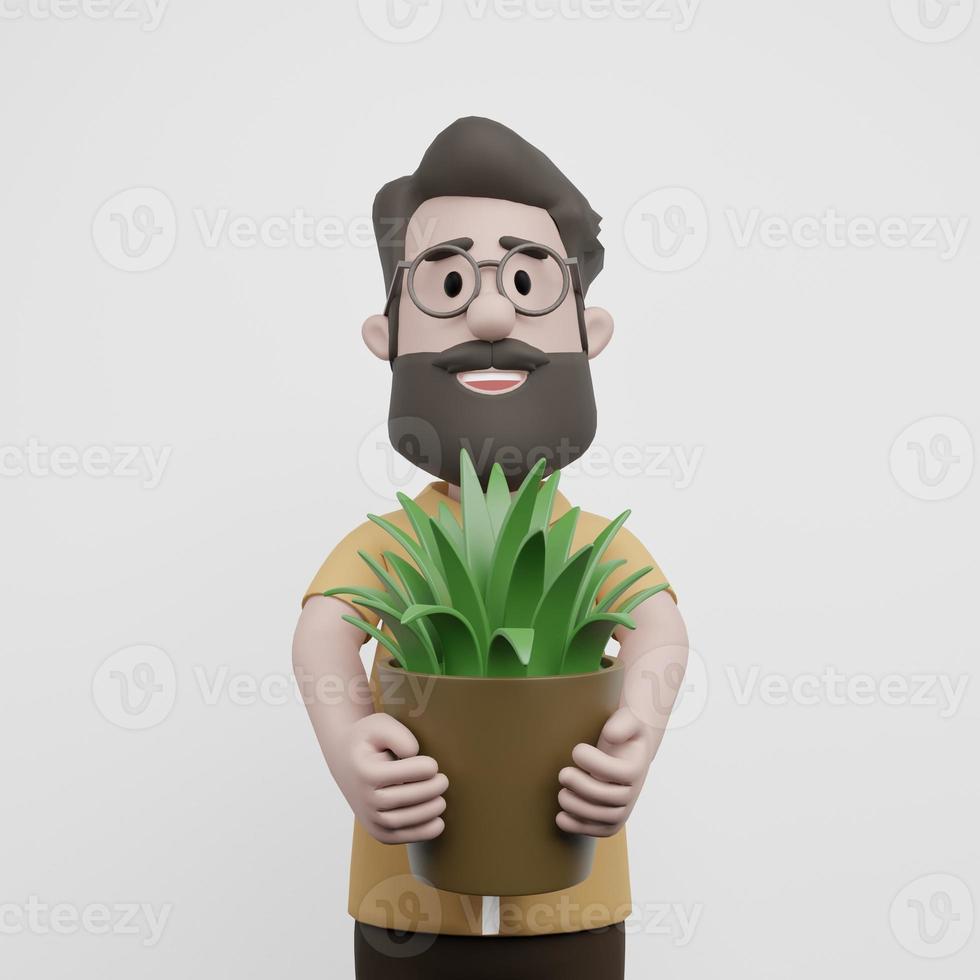 3D Man Happy Holding Tree Plants photo