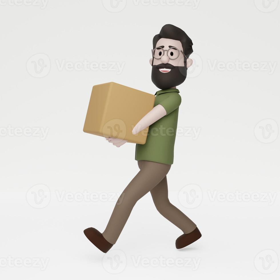 3D Man Carrying Delivering Parcel Package Box photo