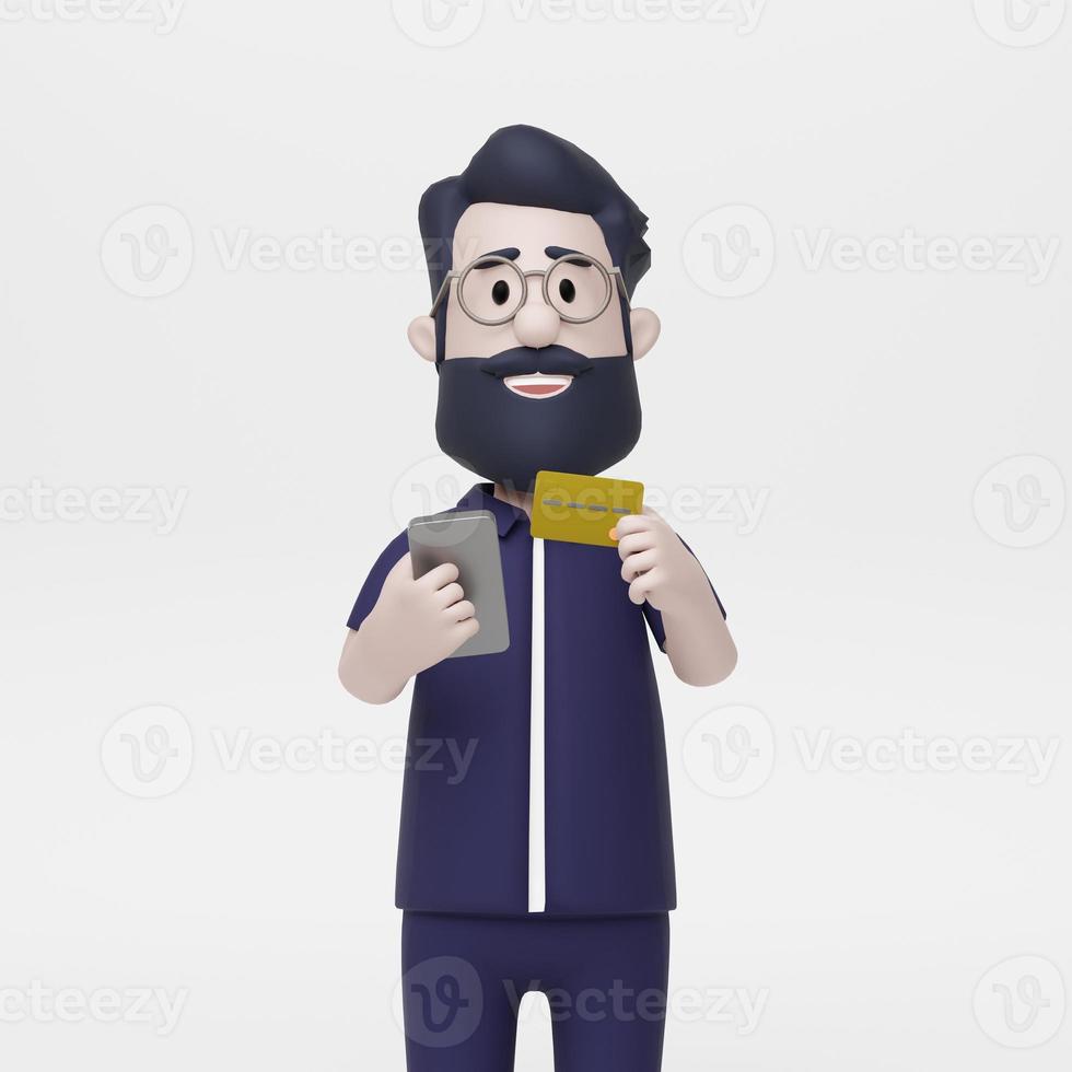 3D Man Holding Mobile Phone and Credit Card Finance Security photo