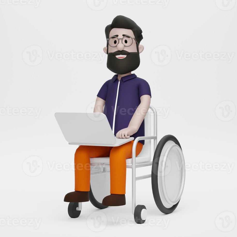 3D Disabled Man Comes to work with Wheelchair Happy photo