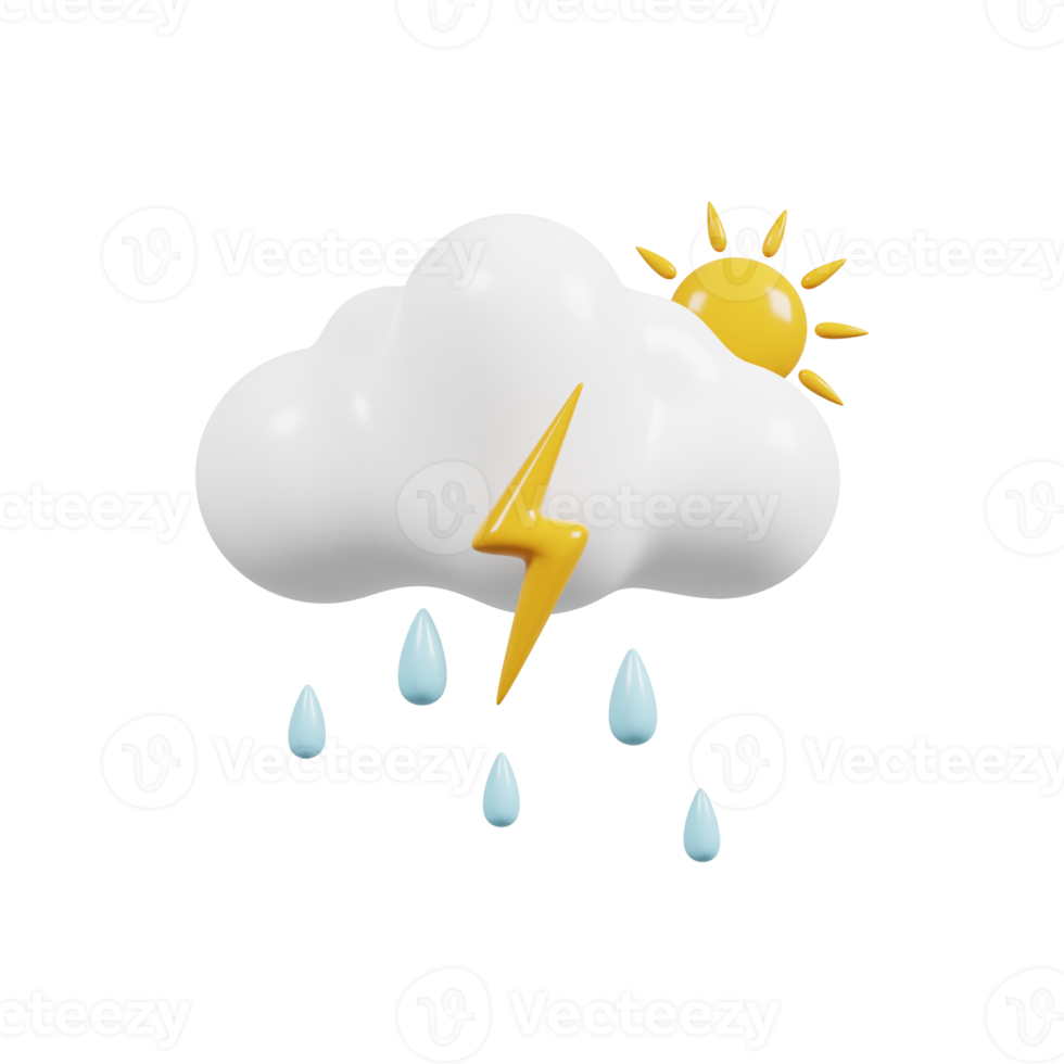 Thunderstorm sun icon. Weather forecast. Meteorological sign. 3D render. png