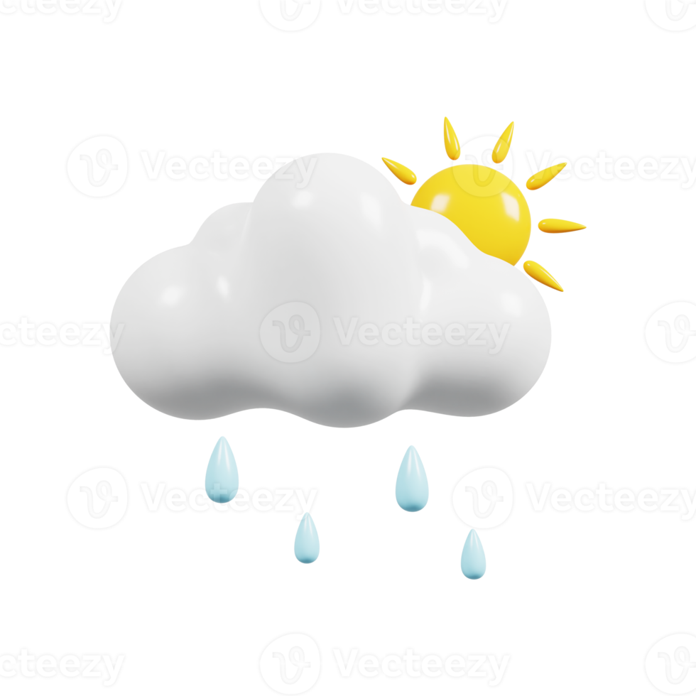 día nublado soleado y lluvioso. icono de pronóstico del tiempo. señal meteorológica. procesamiento 3d png