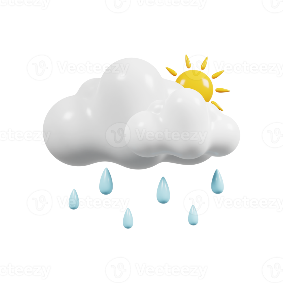 jour nuageux ensoleillé et pluvieux. icône de prévision météo. signe météorologique. rendu 3D. png