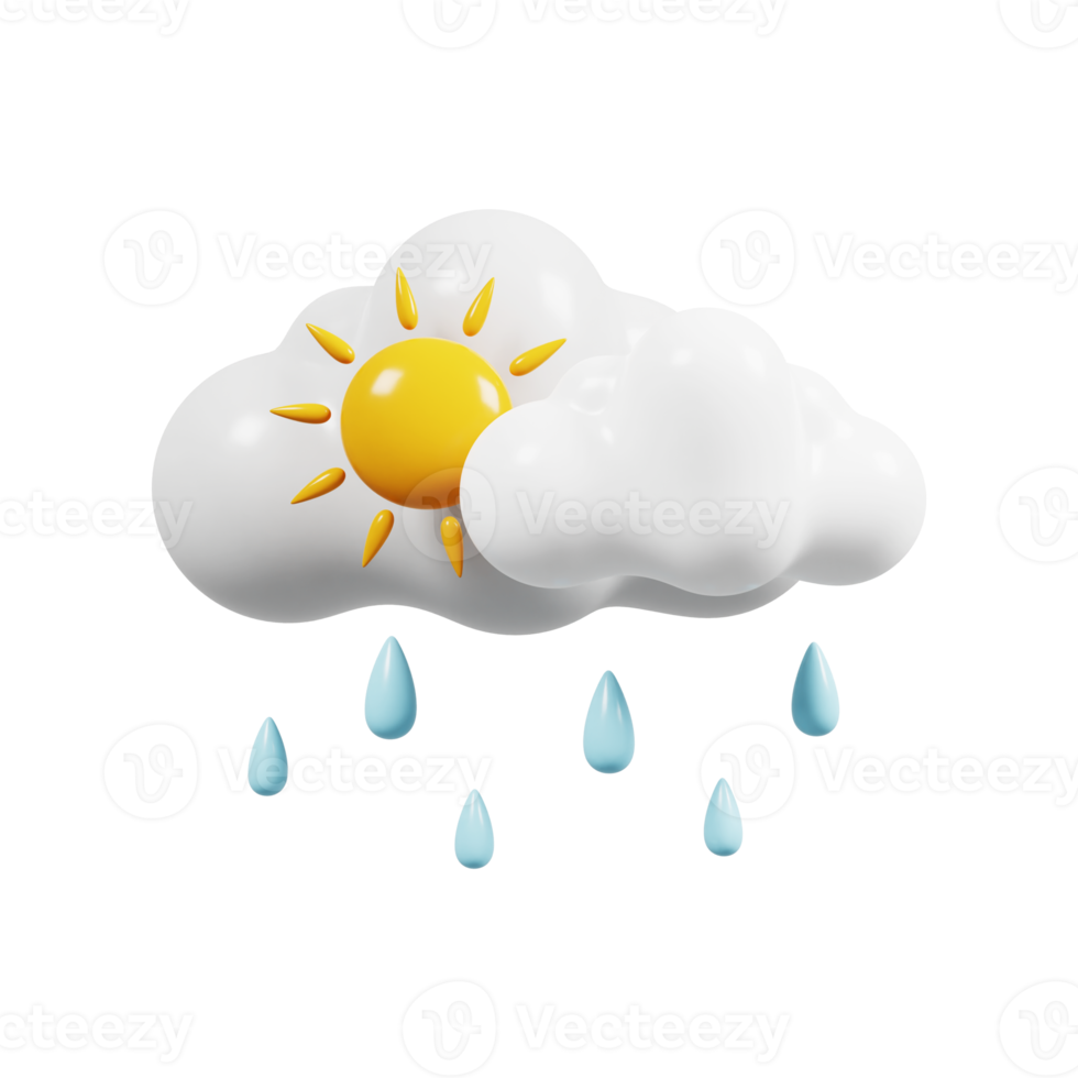 jour nuageux ensoleillé et pluvieux. icône de prévision météo. signe météorologique. rendu 3D. png