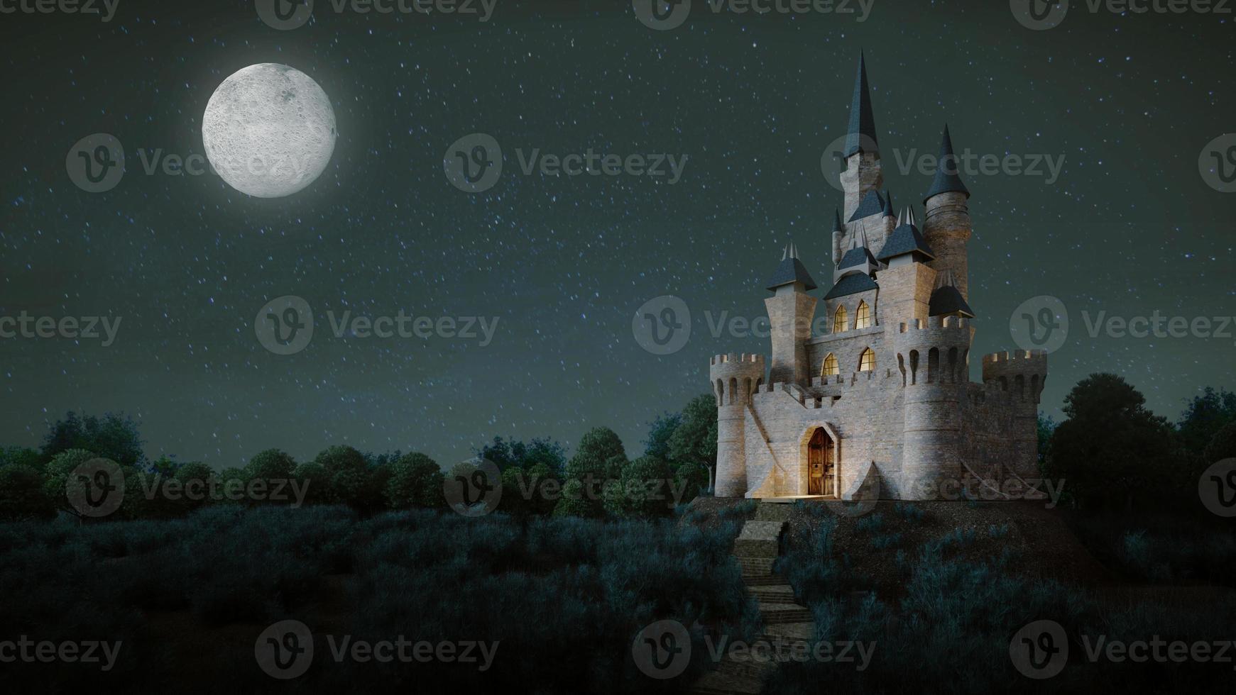 castillo con luna llena en la noche sky.3d rendering foto