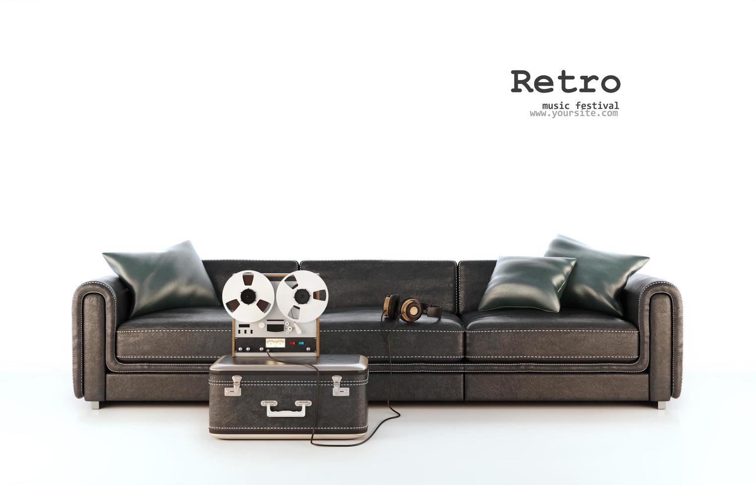 Front view of old tape recorder and baggage,Head phone with pillows on black leather sofa.White background.Vintage style.Retro music concept.3d rendering photo