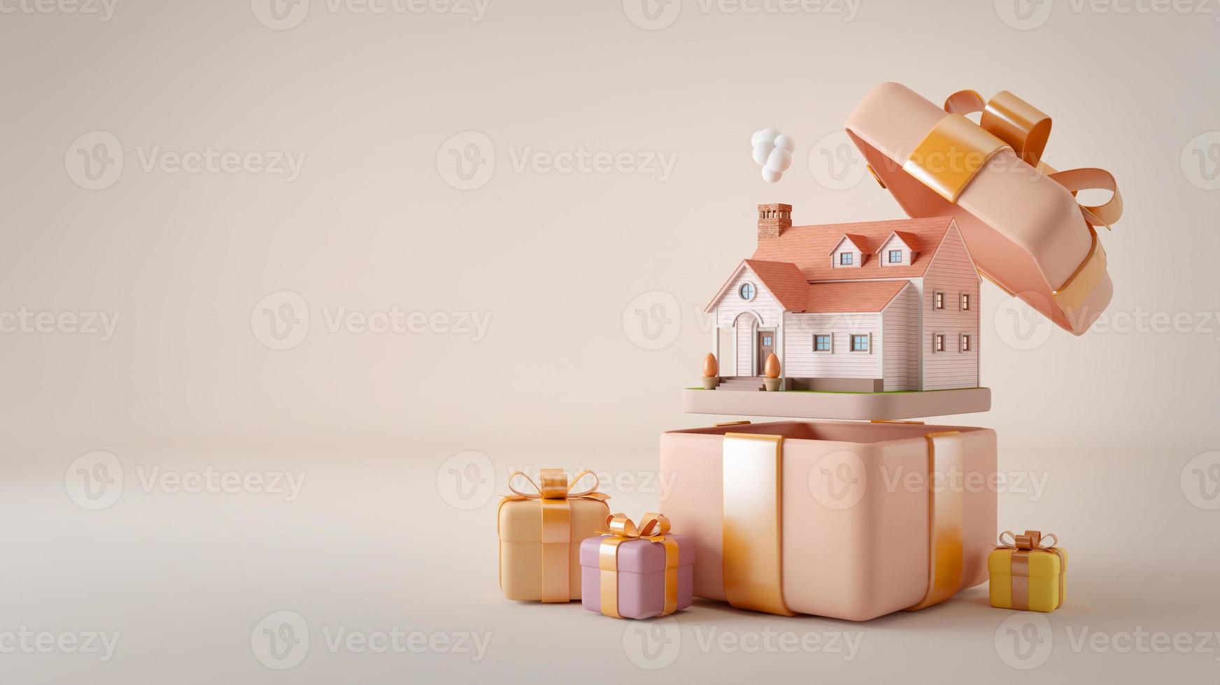 Cute house in a gift box with gold ribbon.3d rendering photo