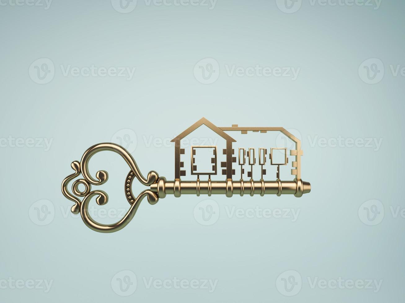 Gold house key with blue background.3d rendering photo