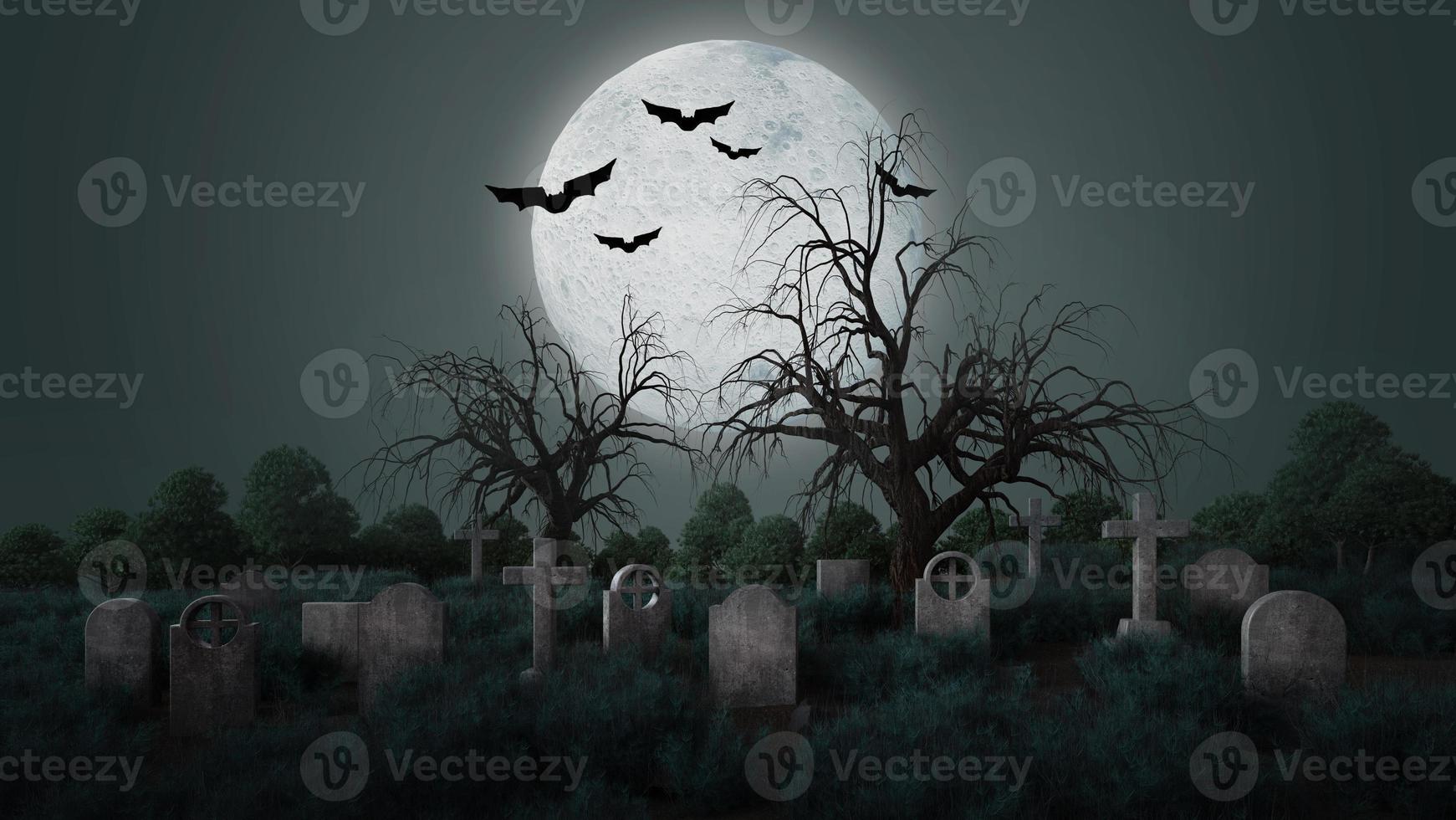 Cemetery with tombstones and full moon.Halloween concept.3d rendering photo