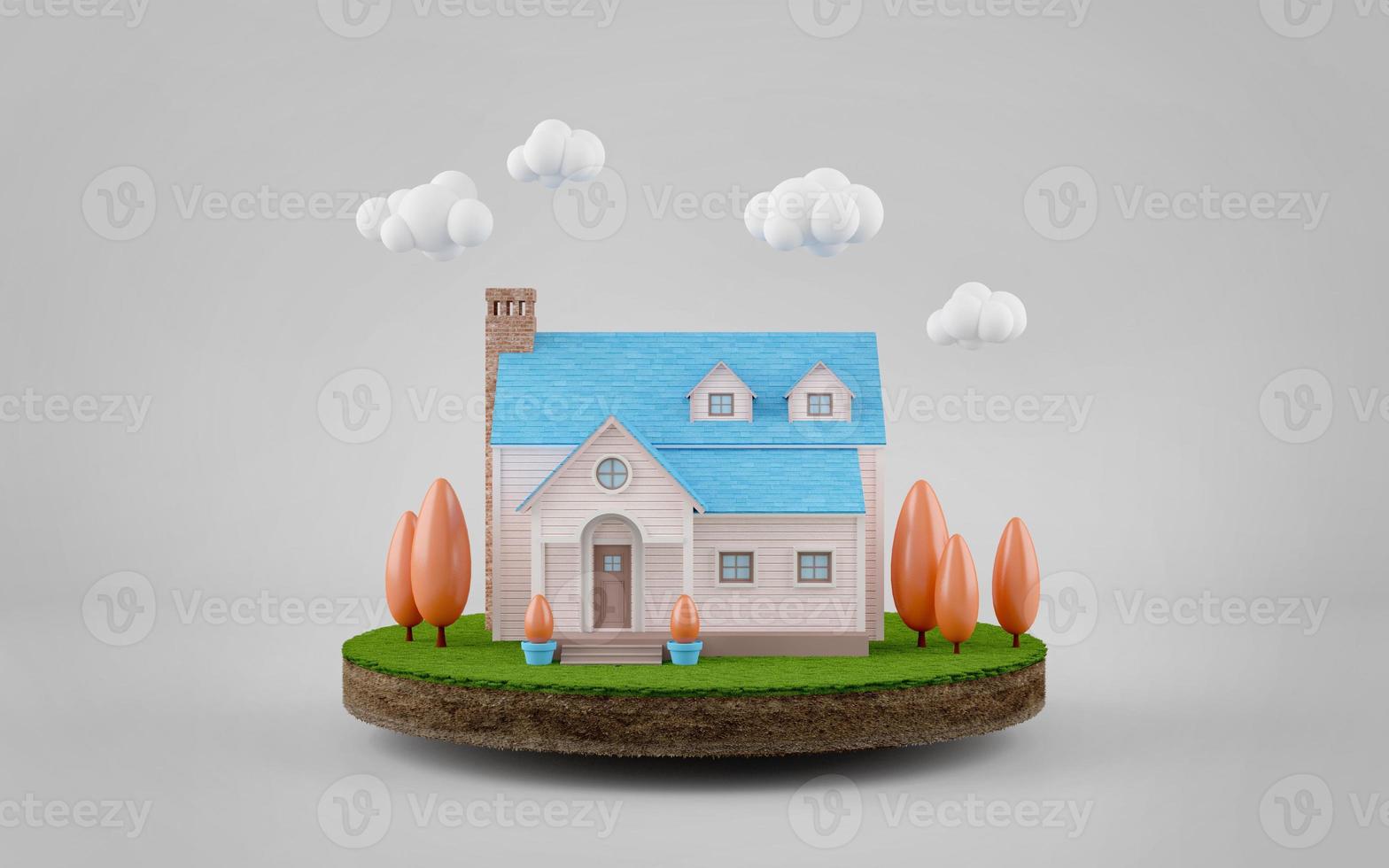 Cute house and clouds on land in country style with pastel colour.3d rendering photo