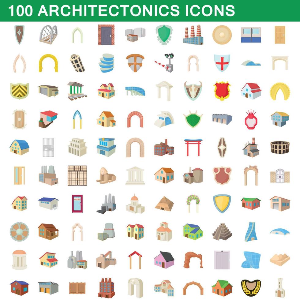 100 architectonics icons set, cartoon style vector