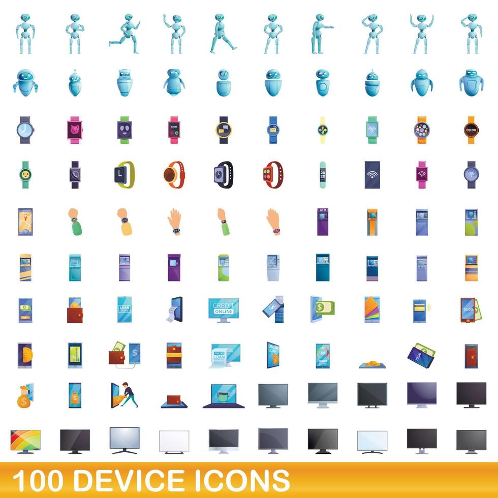 100 device icons set, cartoon style vector