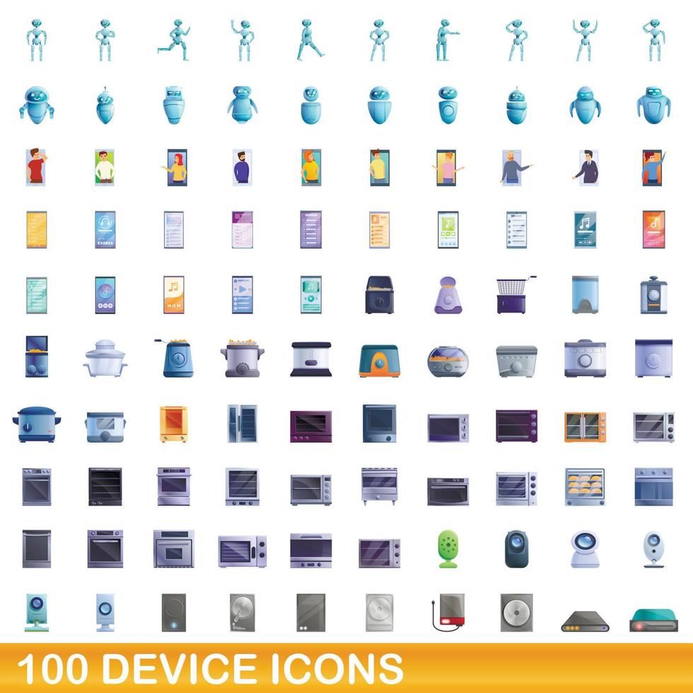 100 iconos de dispositivo, estilo de dibujos animados vector