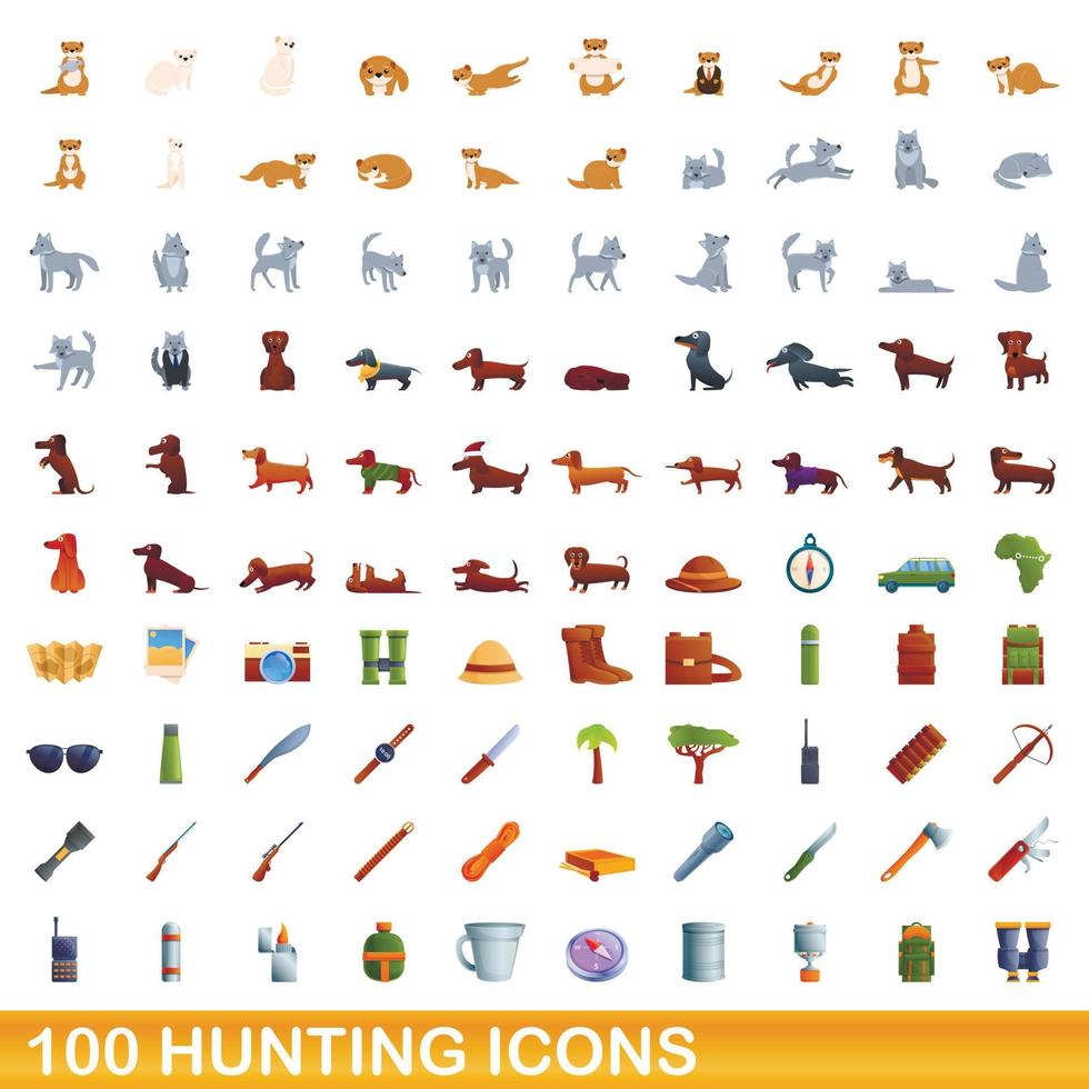 100 hunting icons set, cartoon style vector