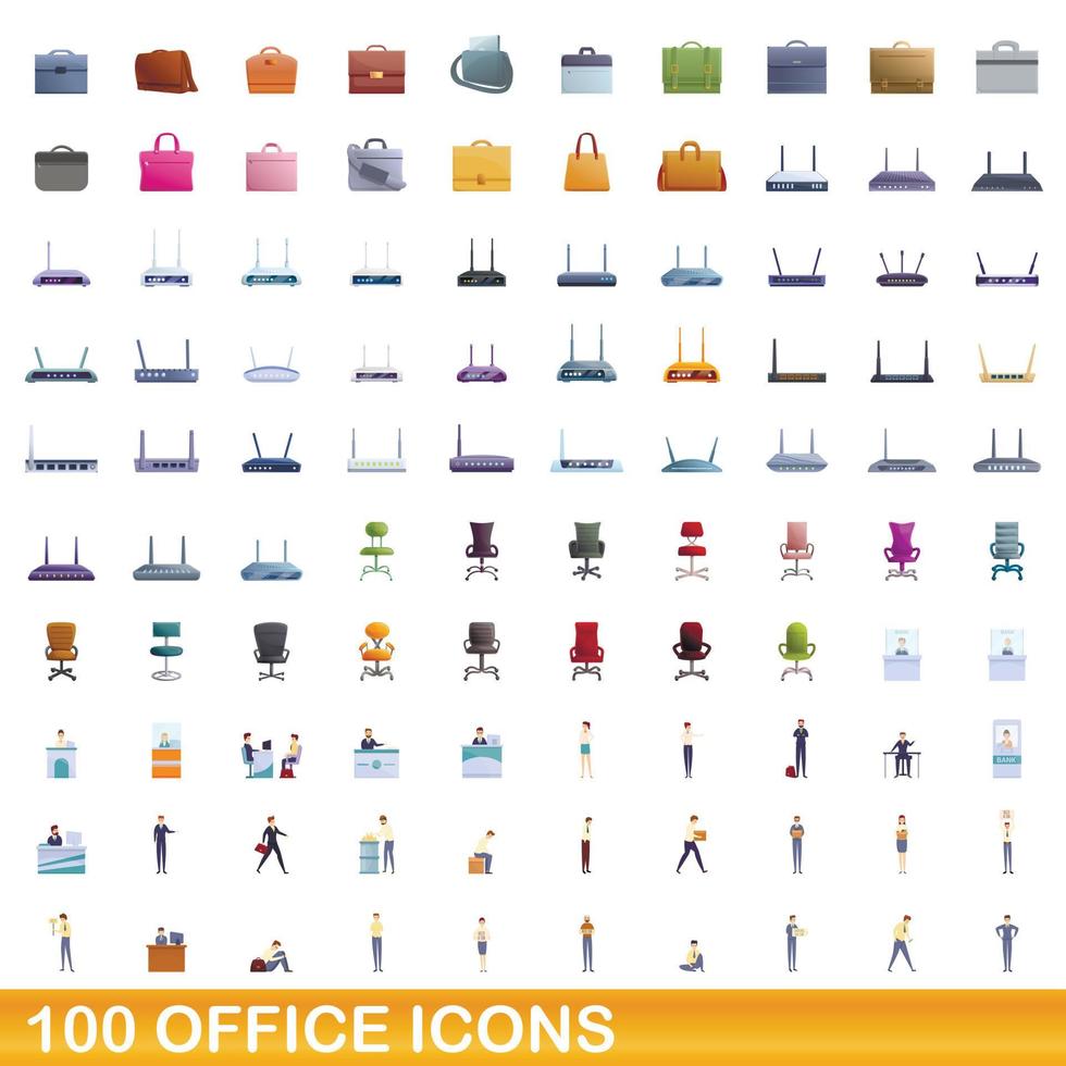 100 iconos de oficina, estilo de dibujos animados vector