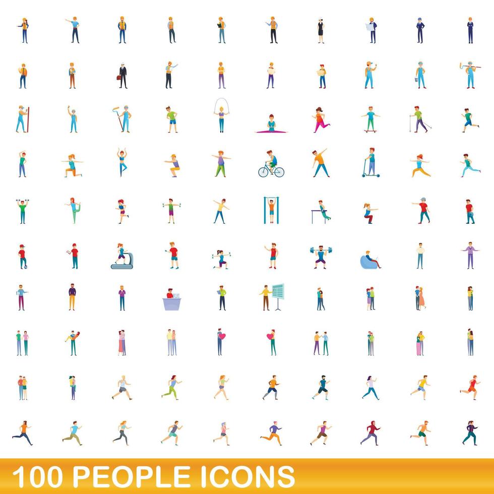 100 people icons set, cartoon style vector