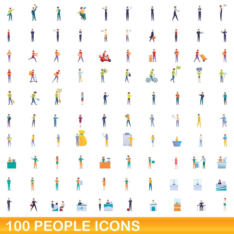 100 people icons set, cartoon style vector