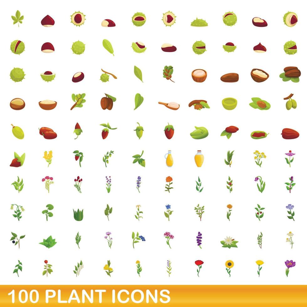 100 plant icons set, cartoon style vector