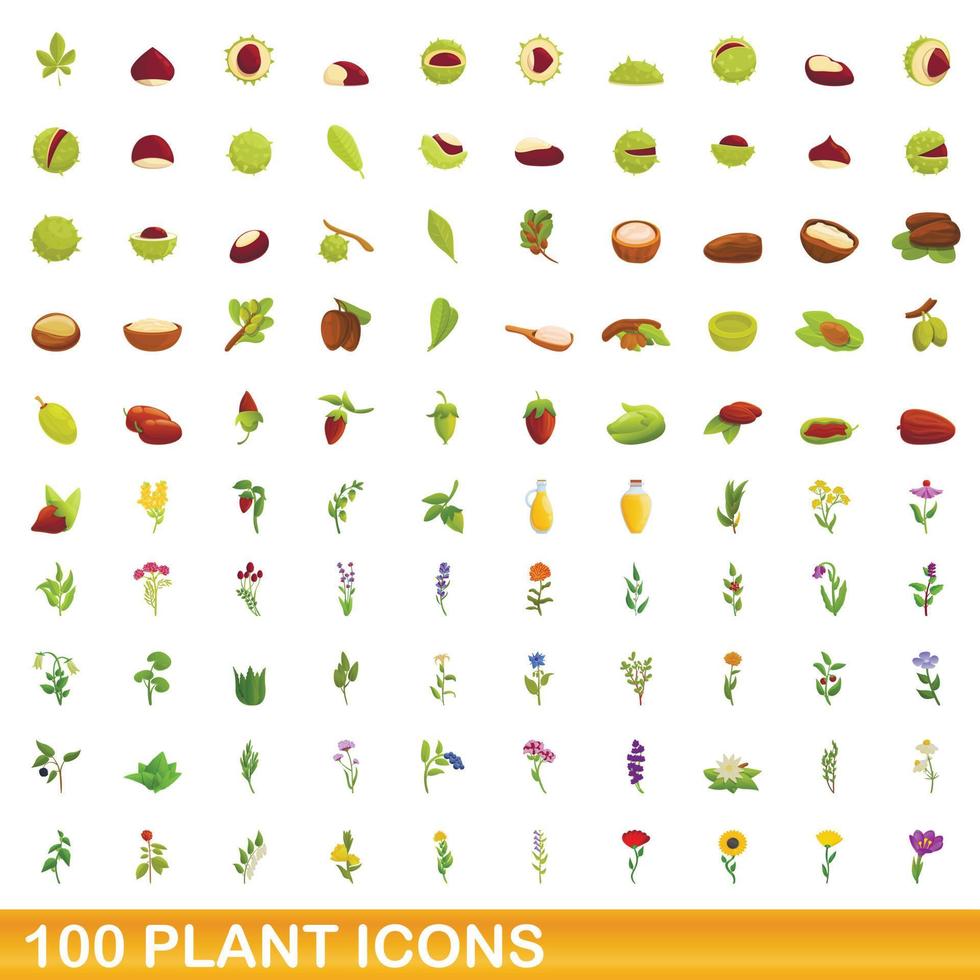 100 iconos de plantas, estilo de dibujos animados vector