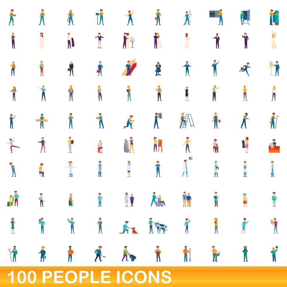 100 personas, conjunto de iconos de estilo de dibujos animados vector