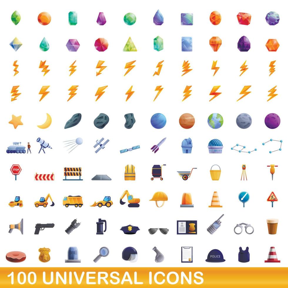 100 universal icons set, cartoon style vector