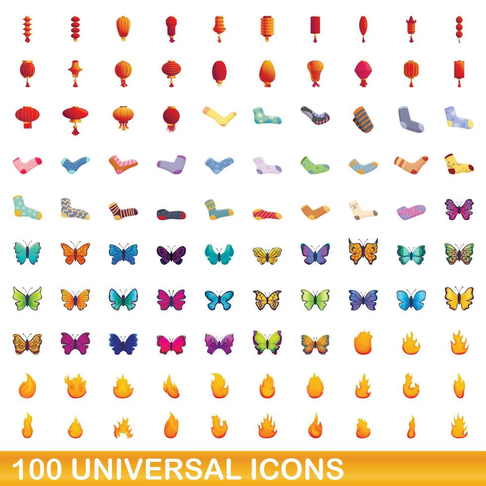 100 iconos universales, estilo de dibujos animados vector