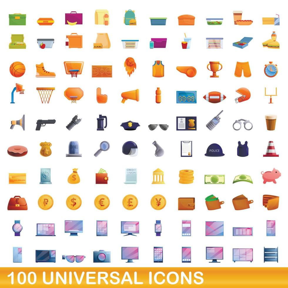 100 iconos universales, estilo de dibujos animados vector