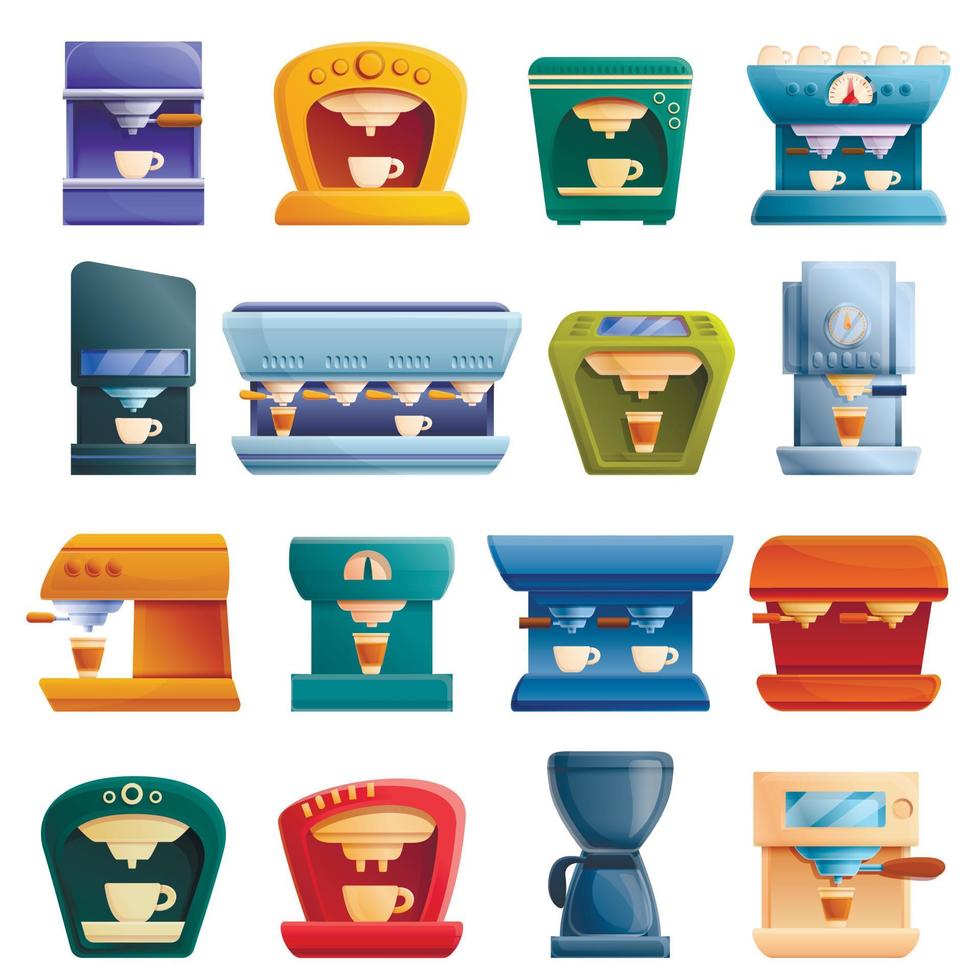 Coffee machine icons set, cartoon style vector