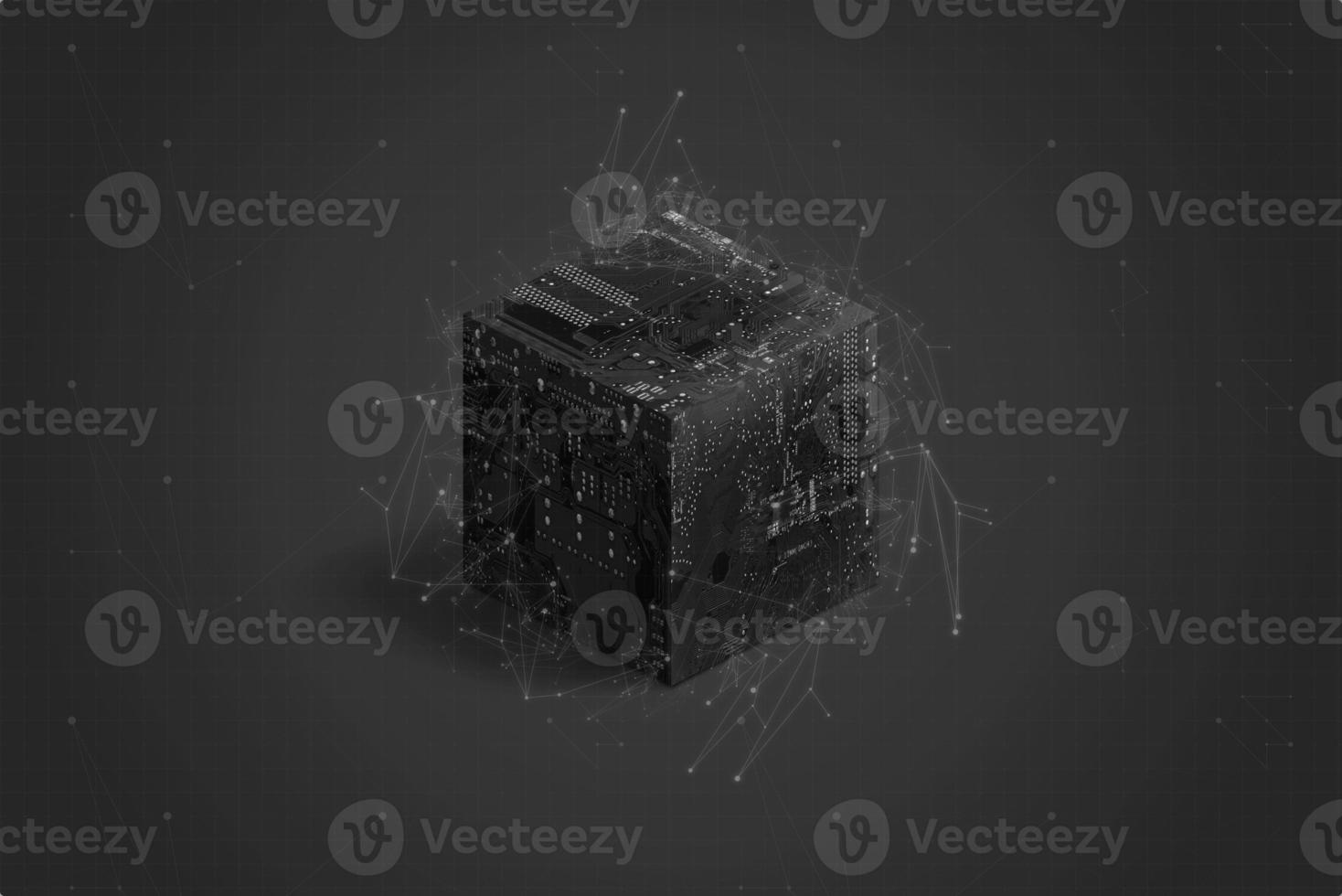 Black blockchain cube or circuit cube with polygons and nodes on black background. photo