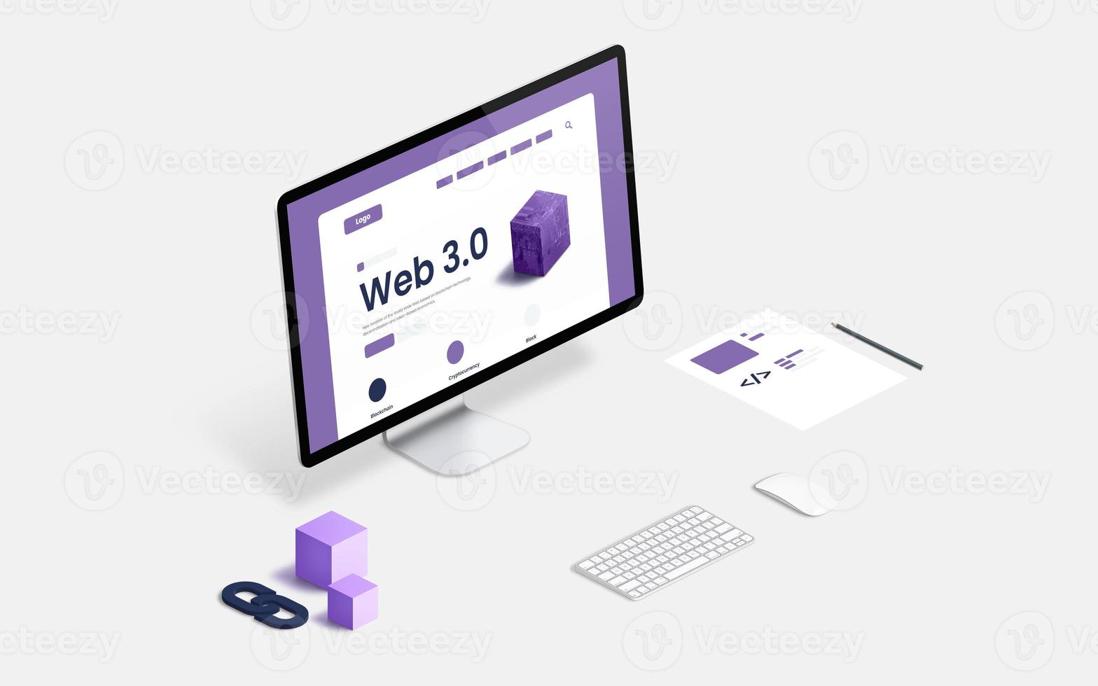 Desk with computer display and Web 3.0 presentation in isometric position concept. Code sketches beside and blocks with a chain photo
