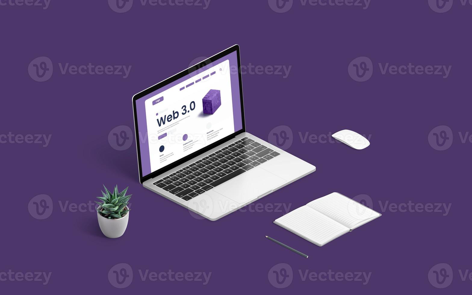 Web 3.0 concept with laptop and presentation web page. Mouse, plant, pad and pen on purple background photo
