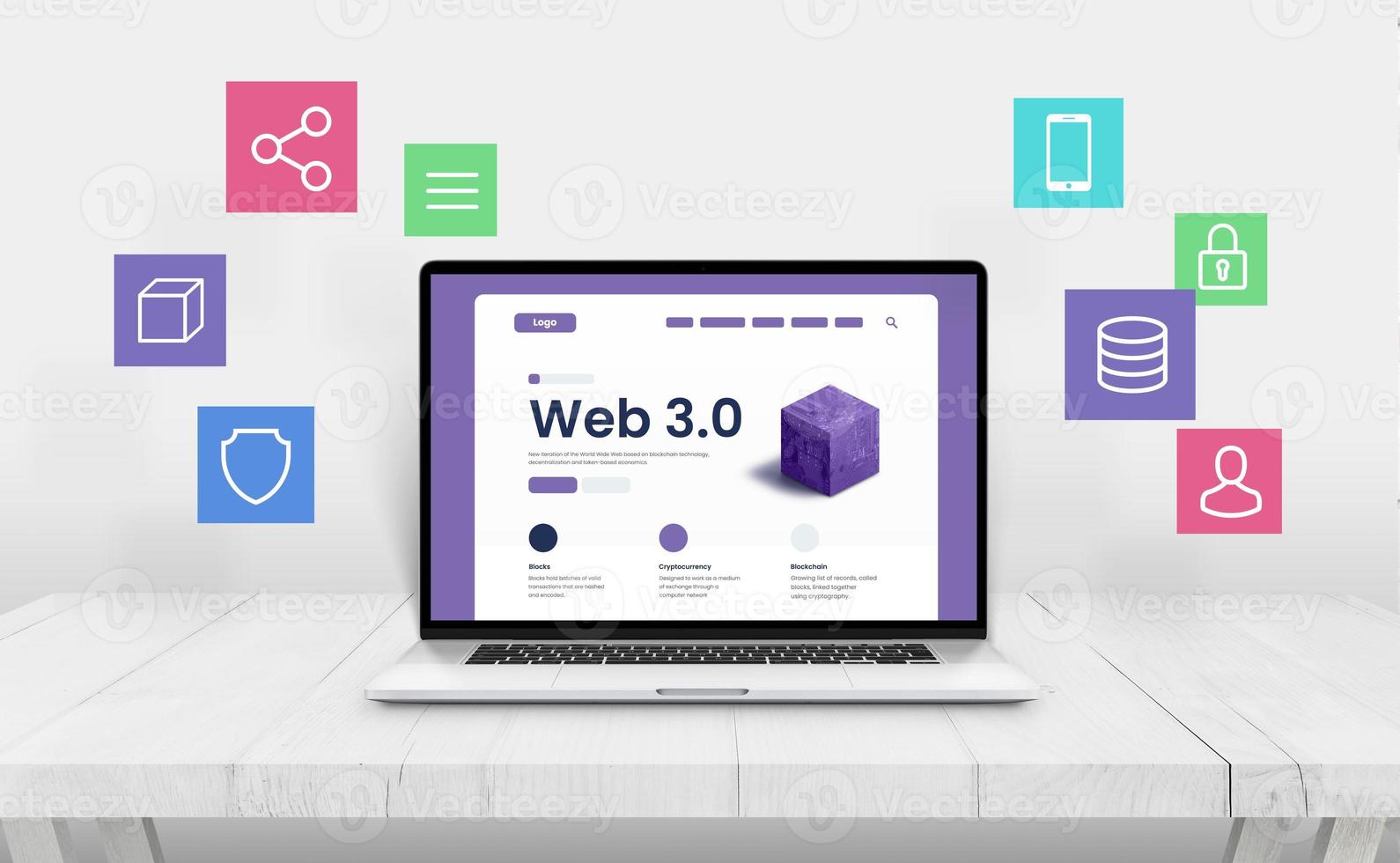 Laptop with Web 3.0 presentation, surrounded by icons representing web 3 features photo