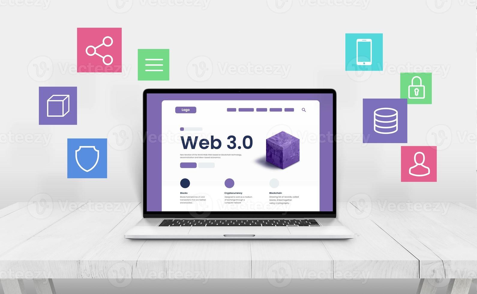 portátil con presentación web 3.0, rodeado de iconos que representan funciones web 3 foto