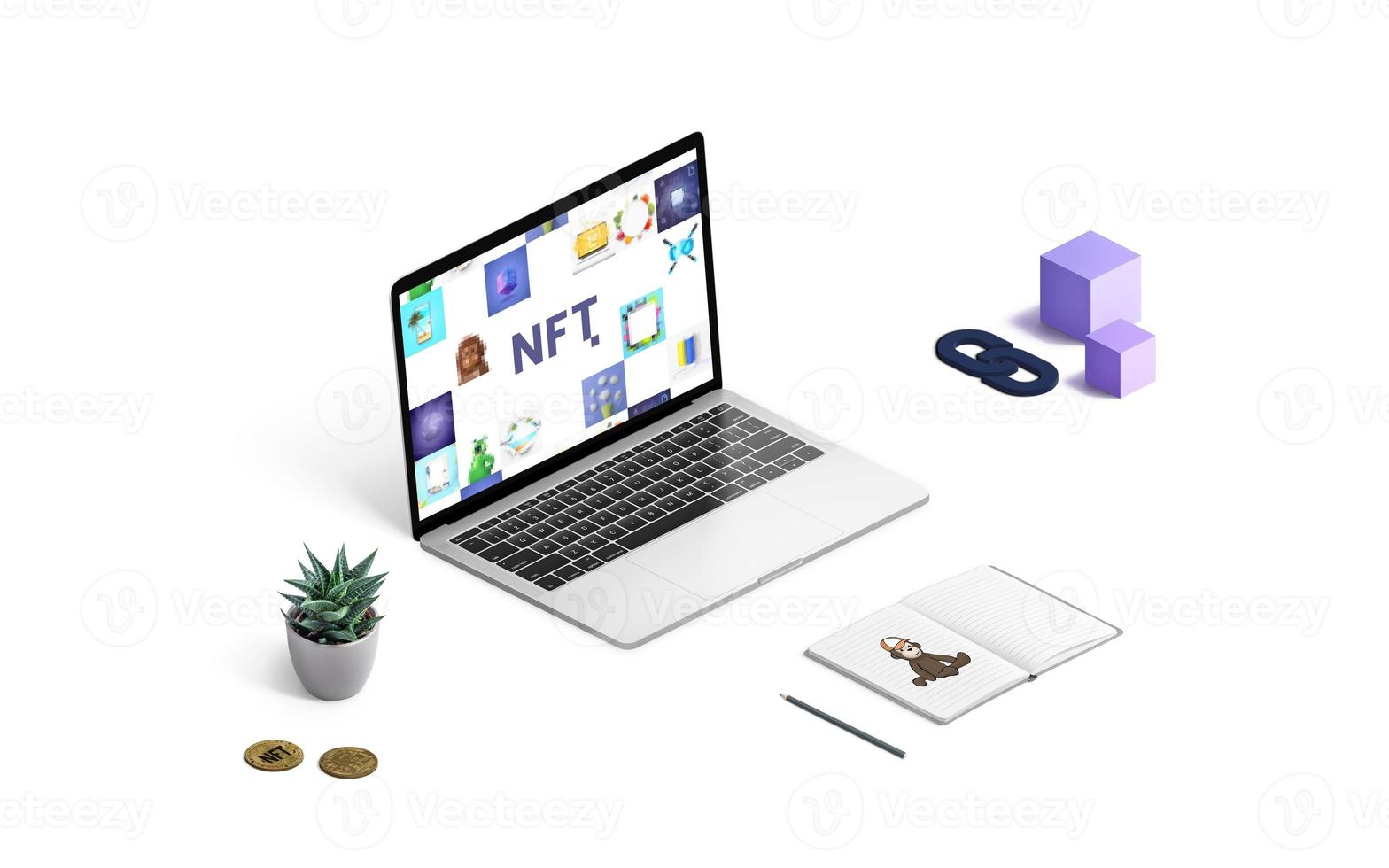 Isometric NFT Non-fungible token composition concept. Laptop with NFT art, pad with drawing, NFT crypto coins, blocks and chain. Artist work desk concept photo
