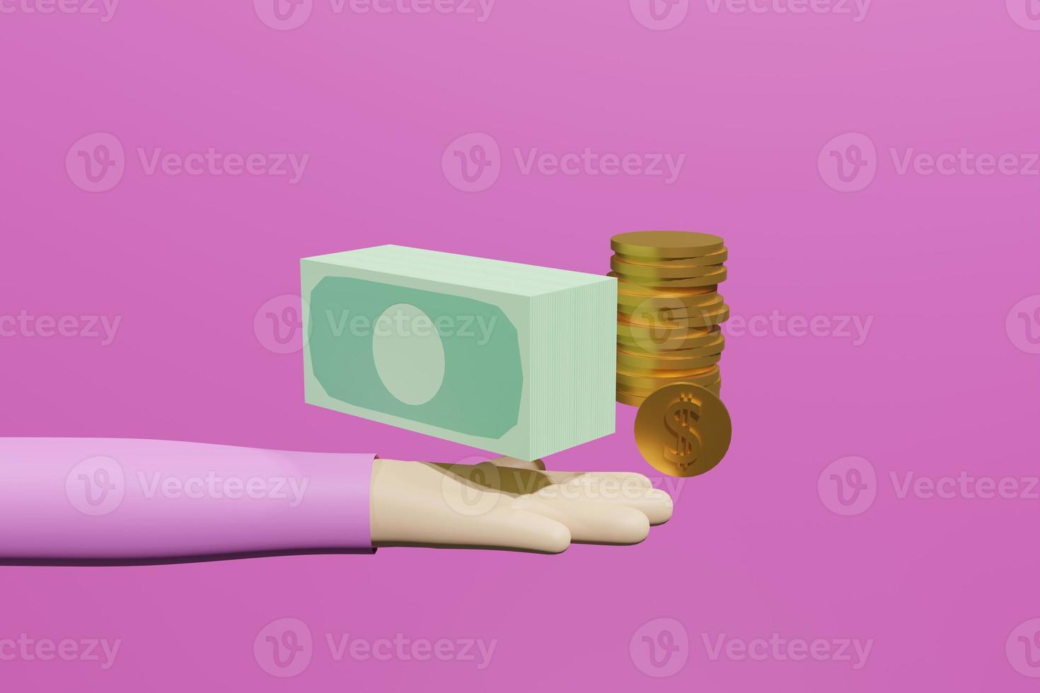 Money in the hand of a 3D illustration cartoon character that indicates that we can earn money with our own hard work. photo