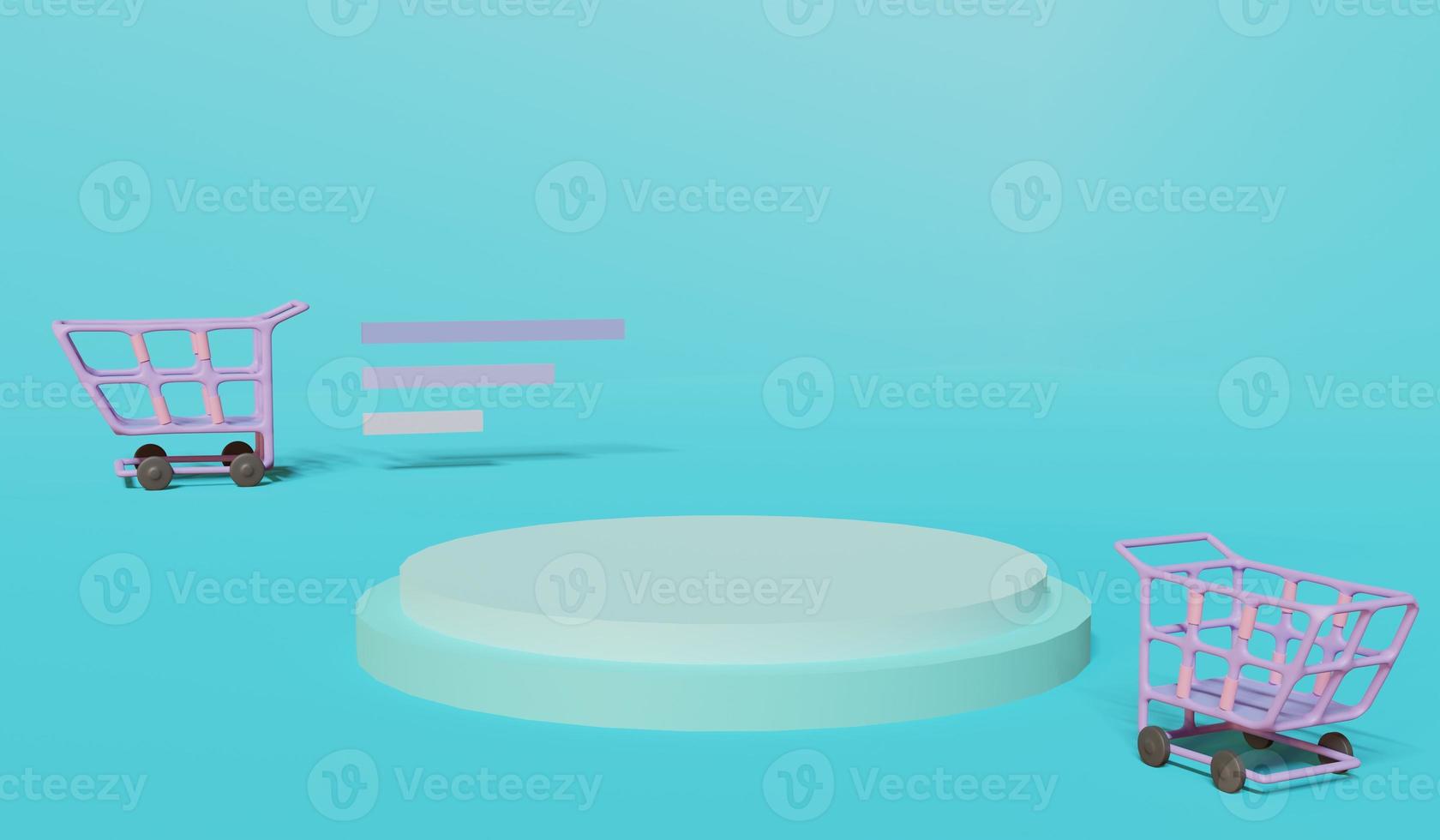 The 3D rendering stage has a large blue background and a cute shopping cart set up. photo