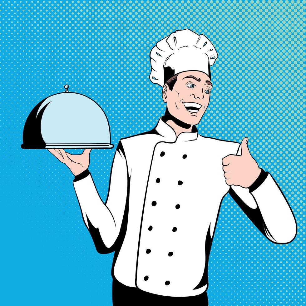 Chef cook holds a tray vector