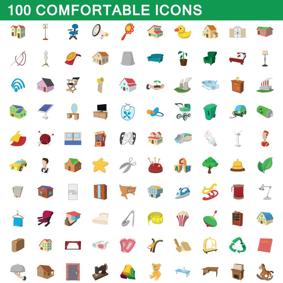 100 comfortable icons set, cartoon style vector