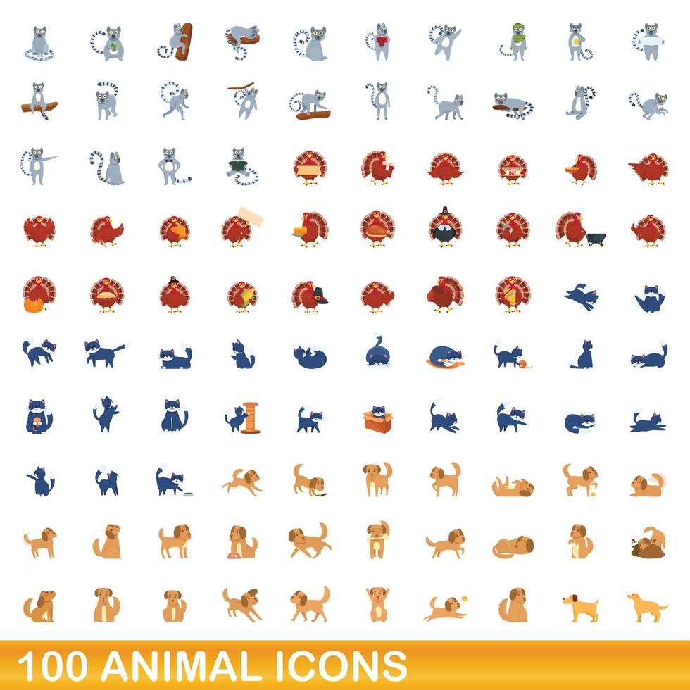 100 animales, conjunto de iconos de estilo de dibujos animados vector