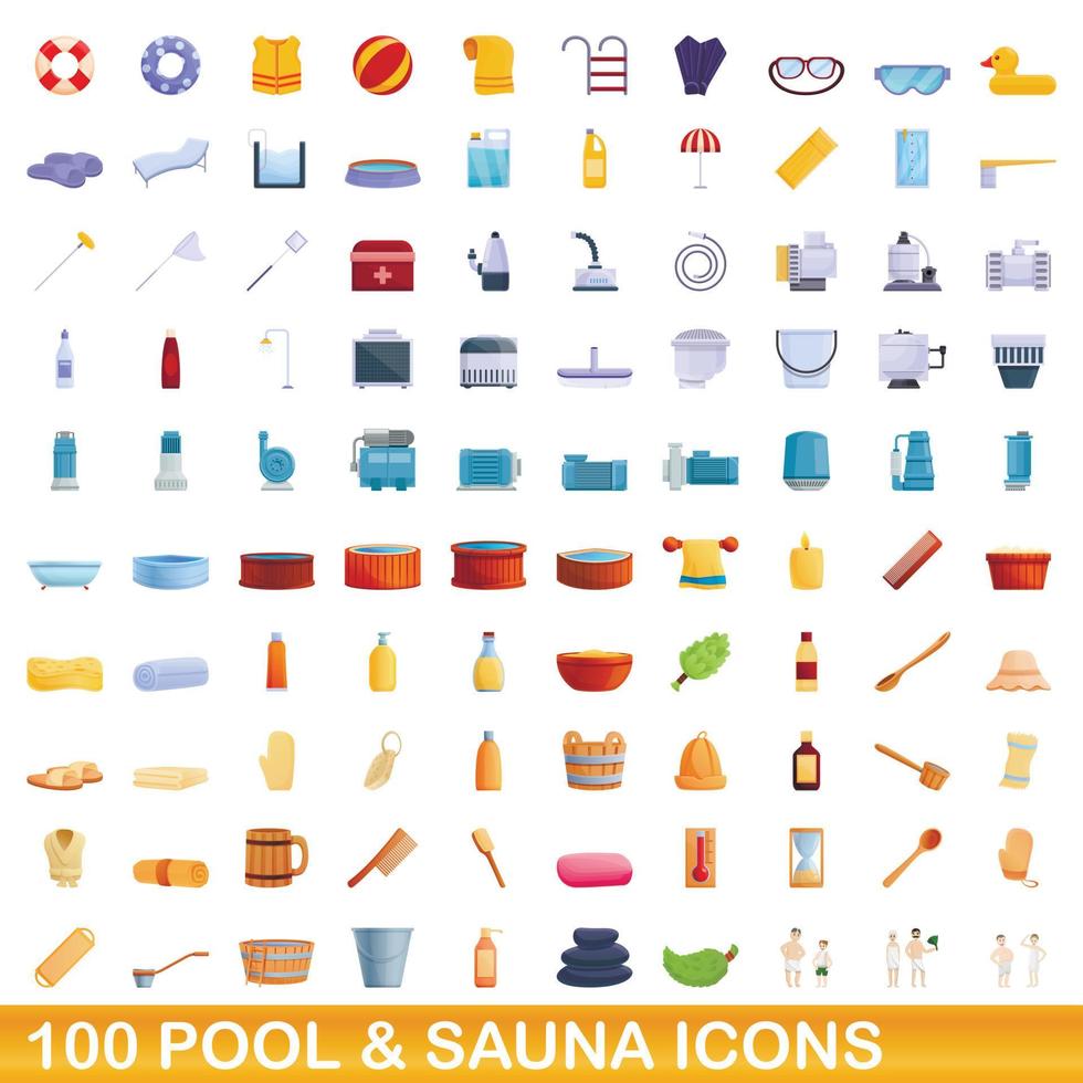 100 pool and sauna icons set, cartoon style vector