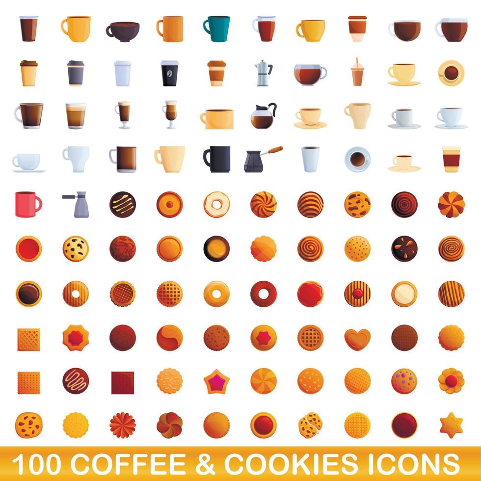 100 coffee and cookies icons set, cartoon style vector