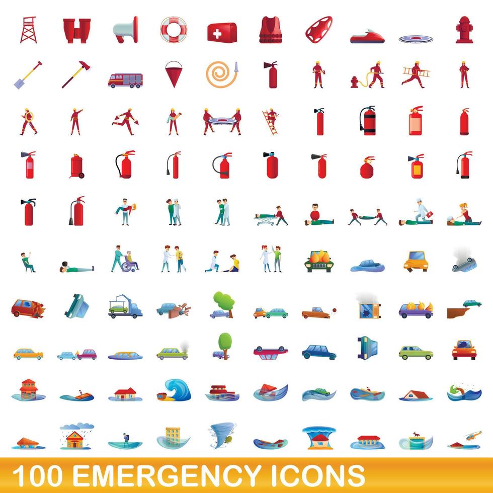 100 iconos de emergencia, estilo de dibujos animados vector