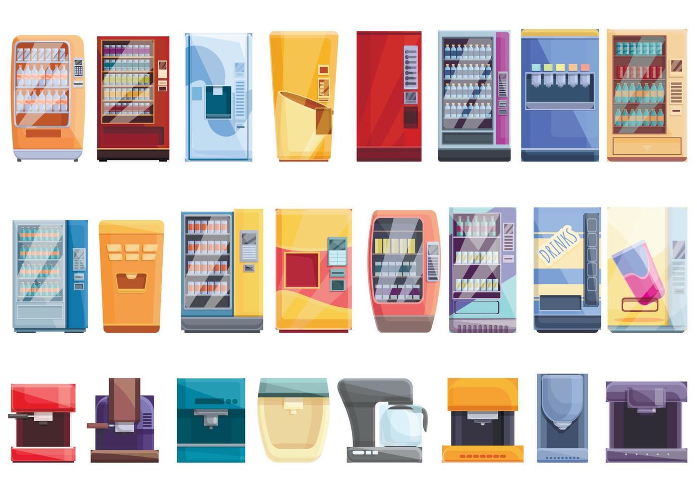 Drink machine icons set, cartoon style vector