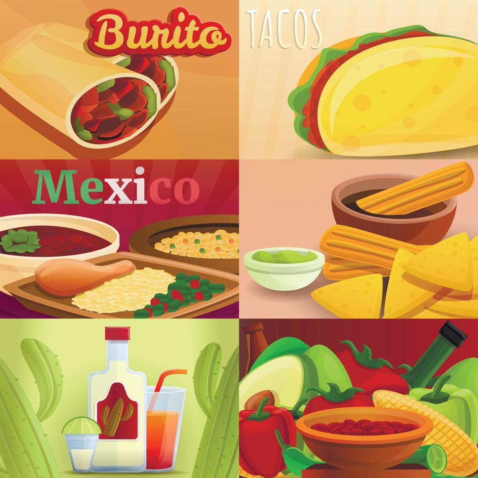 conjunto de banners de comida mexicana, estilo de dibujos animados vector