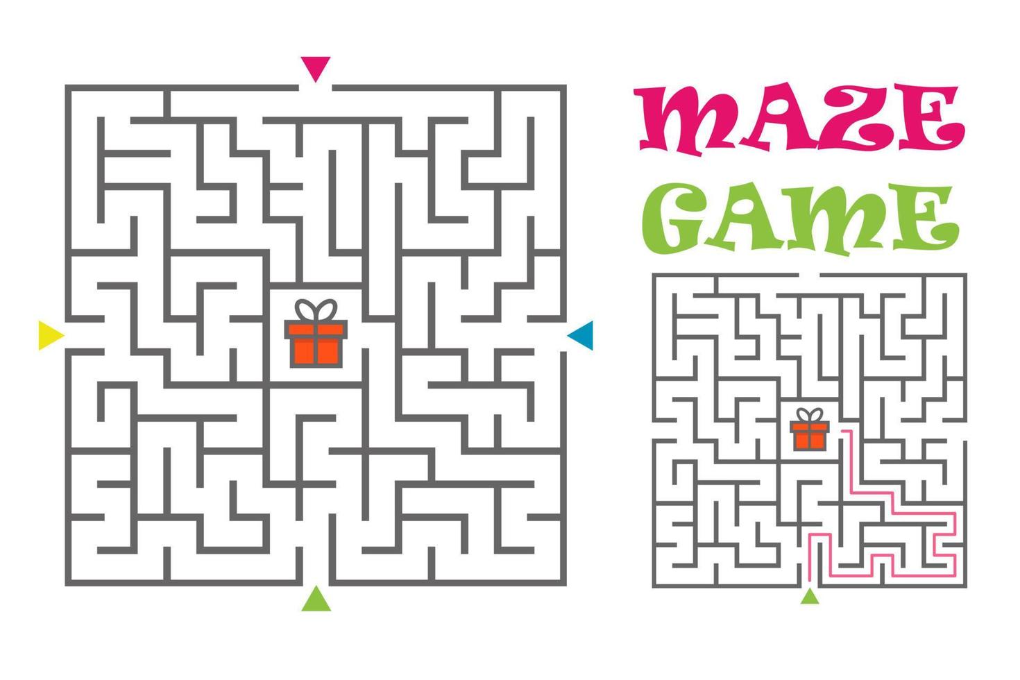 Square maze labyrinth game for kids. Logic conundrum. Four entrance and one right way to go. Vector flat illustration isolated on white background.